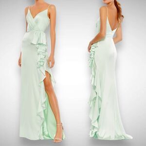 Mac Duggal Satin Ruffled V-Neck Asymmetrical Gown‎ Dress Size 4 Pistachio Green